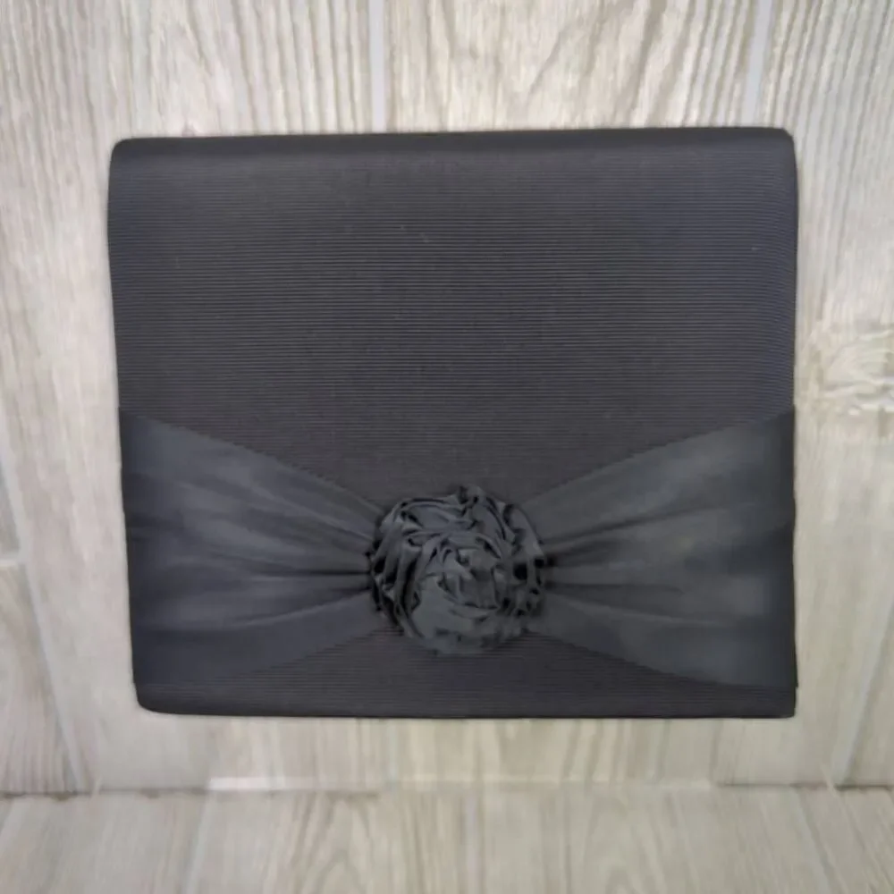 Carolyne Barton Night Crossbody Shoulder Purse Black Satin Flower Front Ribbon